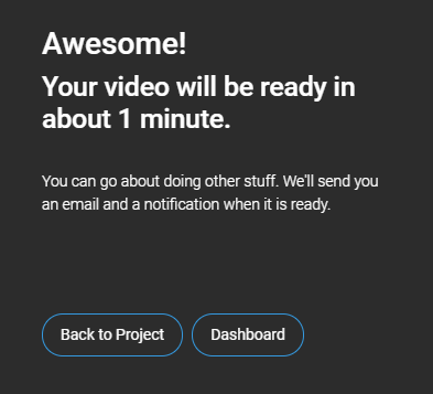 A Flixier prompt informing the user that their video will be ready in 1 minute. 