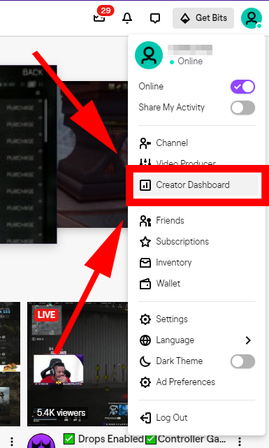 A picture highlighting the Creator Dashboard button. 