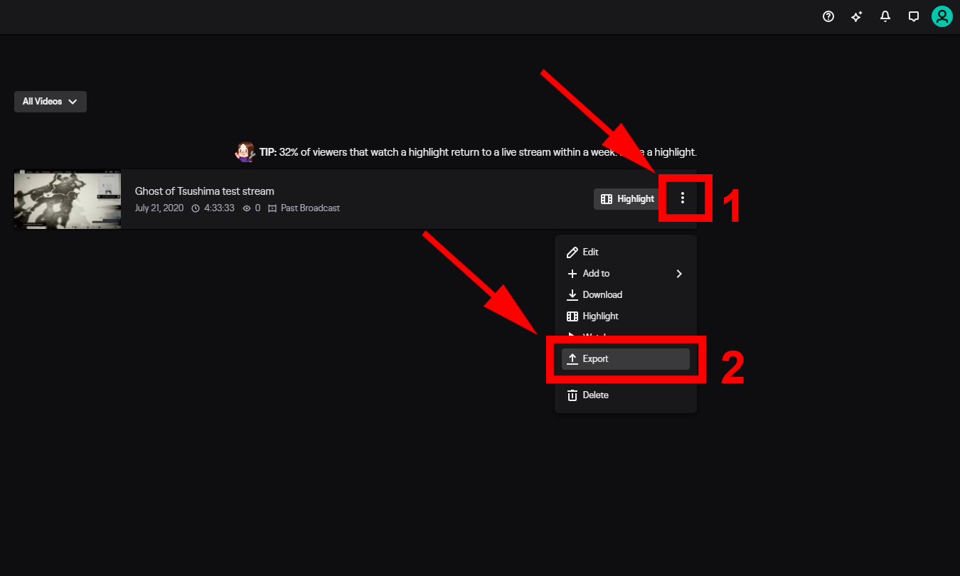 Screenshot highlighting the VOD Export button.