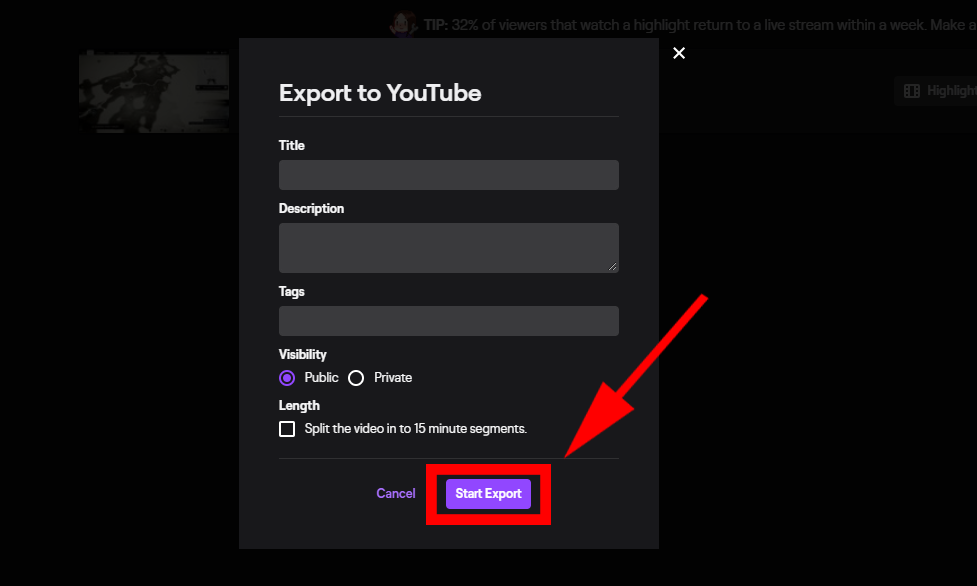 the Export to YouTube menu with the Start Export button highlighted.