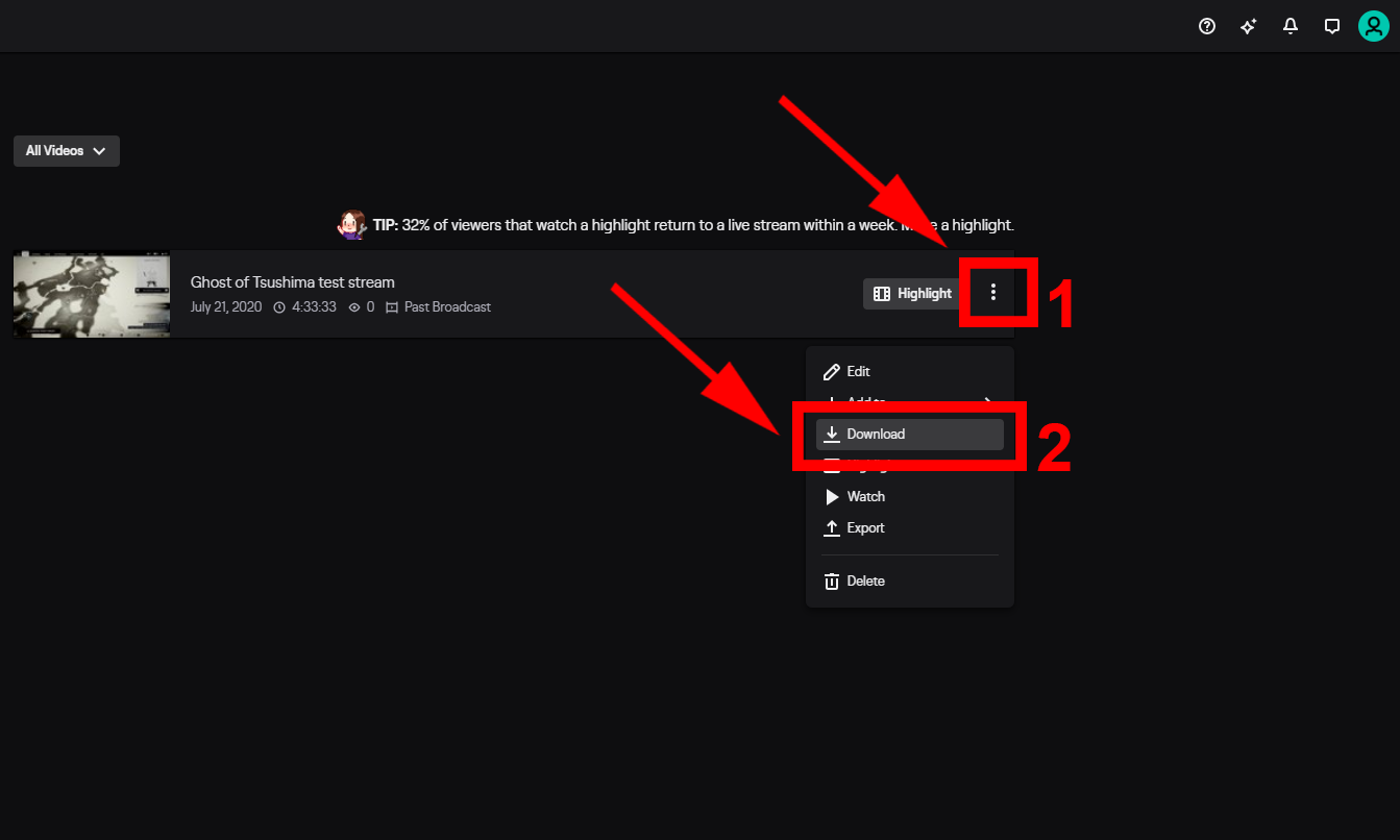 The Twitch Creator Dashboard with the Download VOD button highlighted.