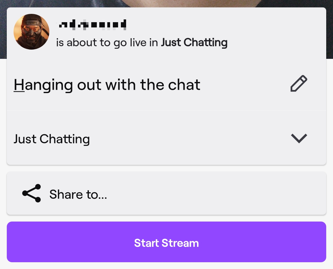 The Twitch app Start Stream menu