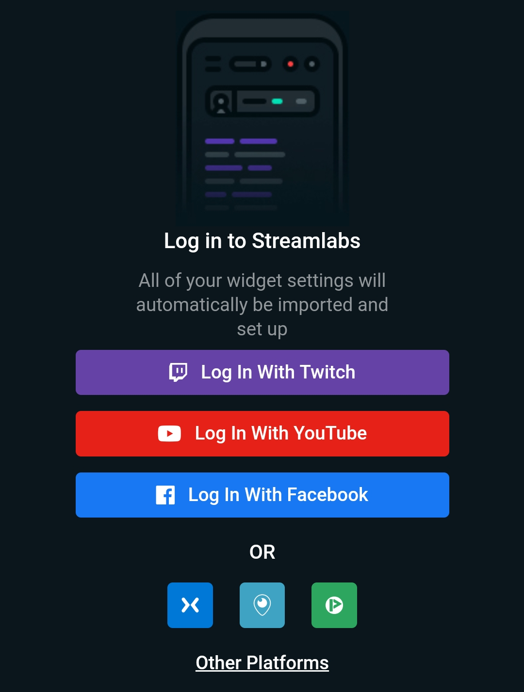 Streamlabs app login screen