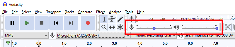 egy kép az Audacity hangerő csúszkákról.