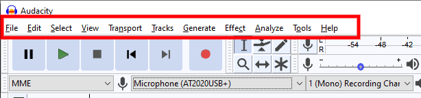  obraz głównego paska narzędzi Audacity.