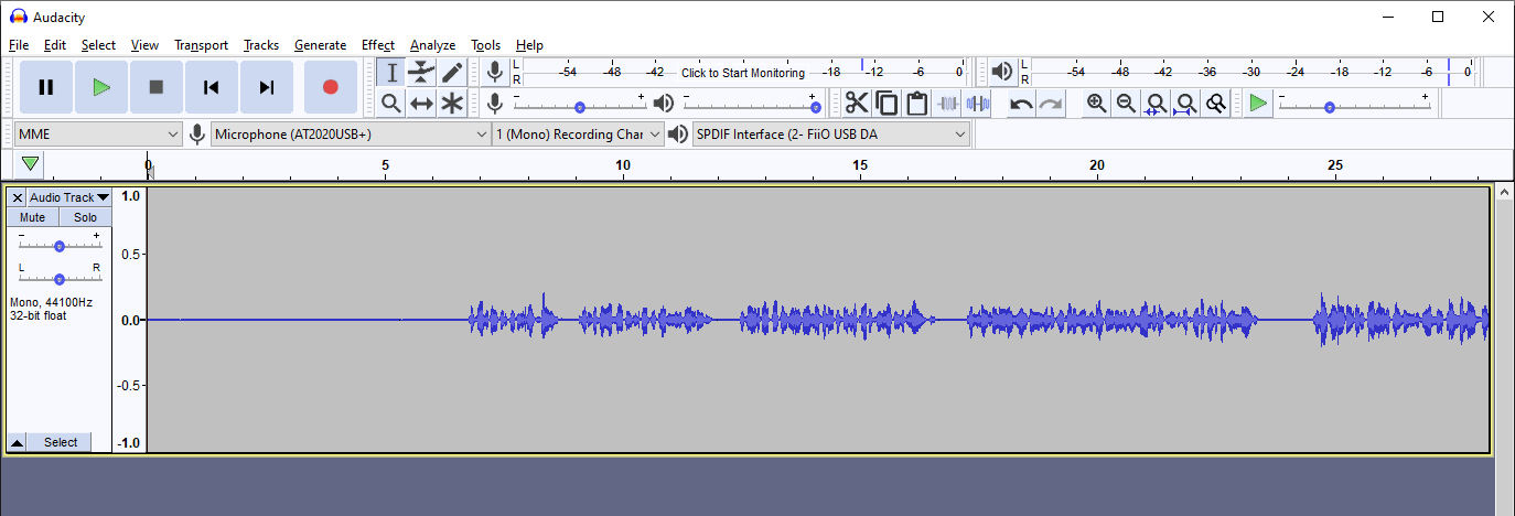 A screenshot showing what Audacity looks like after you've recorded a vocal track.