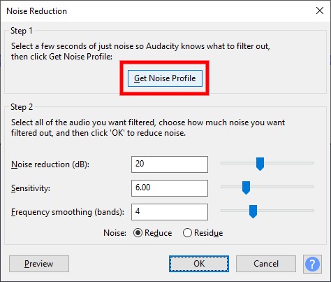 een schermafbeelding van het Ruisonderdrukkingsmenu in Audacity.