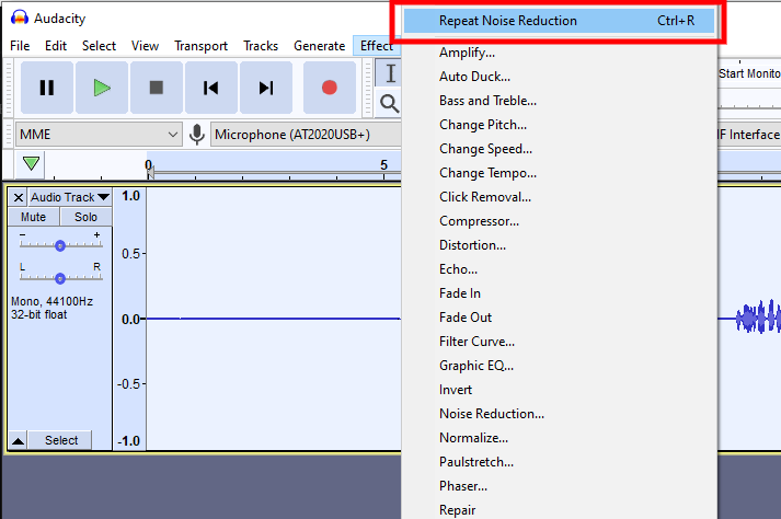 An image showing the Repeat Noise Reduction option in the Effects drop-down menu.