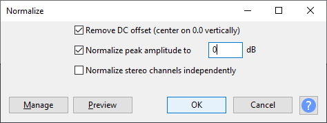 uma imagem do Menu normalizar efeito sendo definida para normalizar a amplitude de pico para 0 dB.