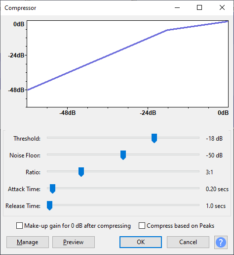  Une image montrant les réglages optimaux du compresseur Audacity comme suit : un Seuil de -18 dB, un plancher de bruit de -50, un rapport de 3:1, un temps d'attaque de 0,2 seconde et un temps de relâchement de 1 seconde.