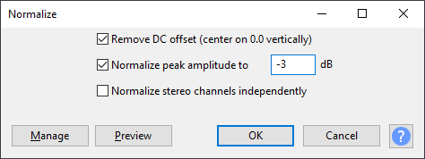 Snímek obrazovky Normalize menu, tentokrát s maximální amplitudou nastavenou na -3 dB