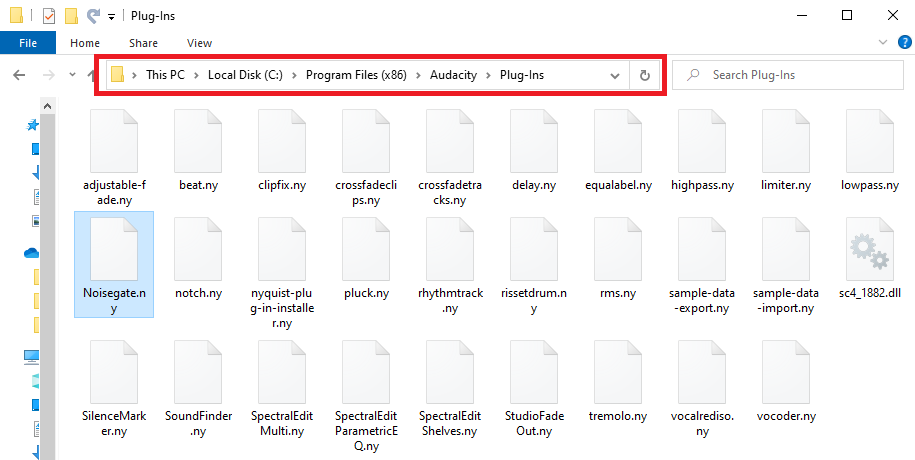 a screenshot mutatja az alapértelmezett Audacity plug-inek telepítési útvonal, amely C; \ Program Files (x86)\Audacity\Plug-inek