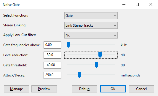 The Noise Gate configuration menu. 