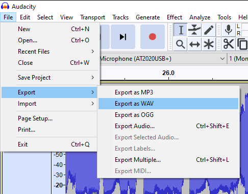 Puoi esportare progetti Audacity come file Wav andando su File Esporta Esporta come WAV