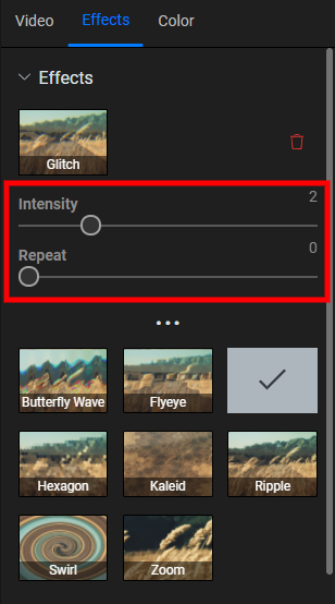 The Glitch effect interface, with the Intensity and Repeat sliders highlighted.