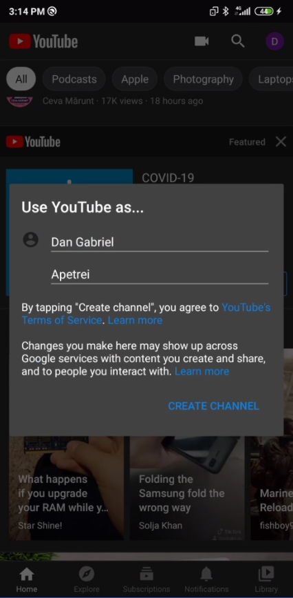 YouTube mobile channel creation screen