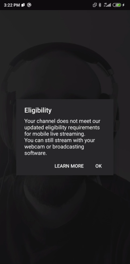 YouTube mobile channel Eligibility warning