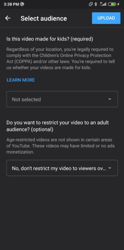 YouTube mobile audience selection screen 