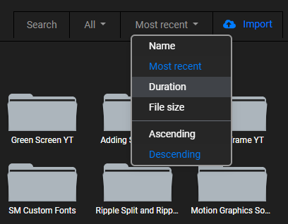 The Flixier project sort options