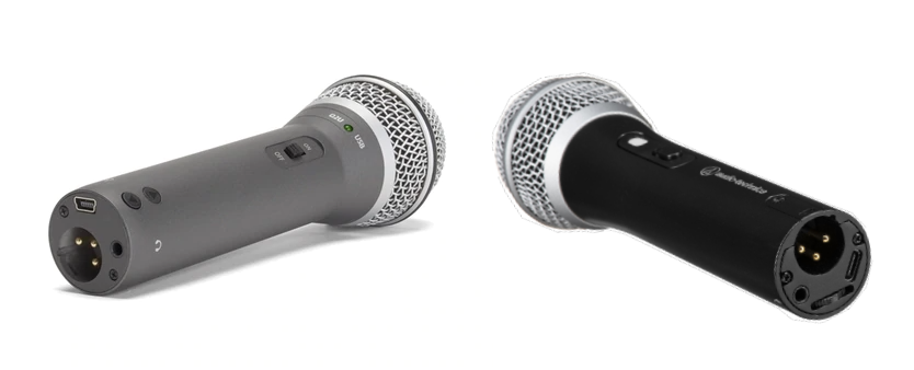 The Samson Q2U an Audio Technica ATR microphones next to each other