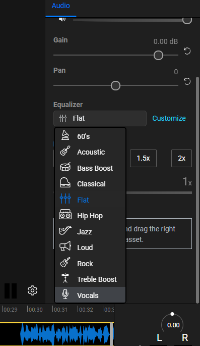 The Flixier equalizer drop-down list. 