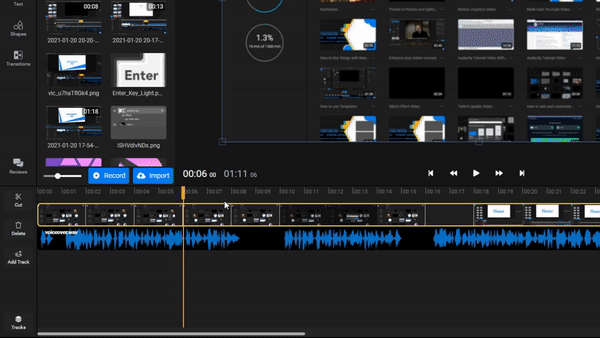 The Flixier interface with the video and audio tracks added to the timeline