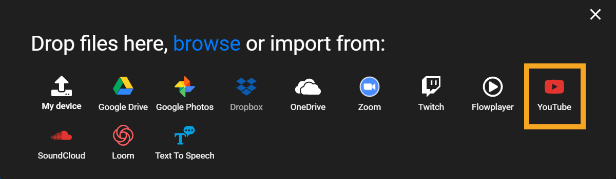 The Import menu with the YouTube option highlighted