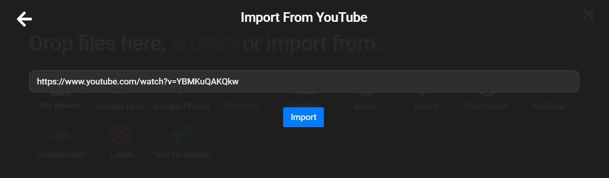 The Import from YouTube interface