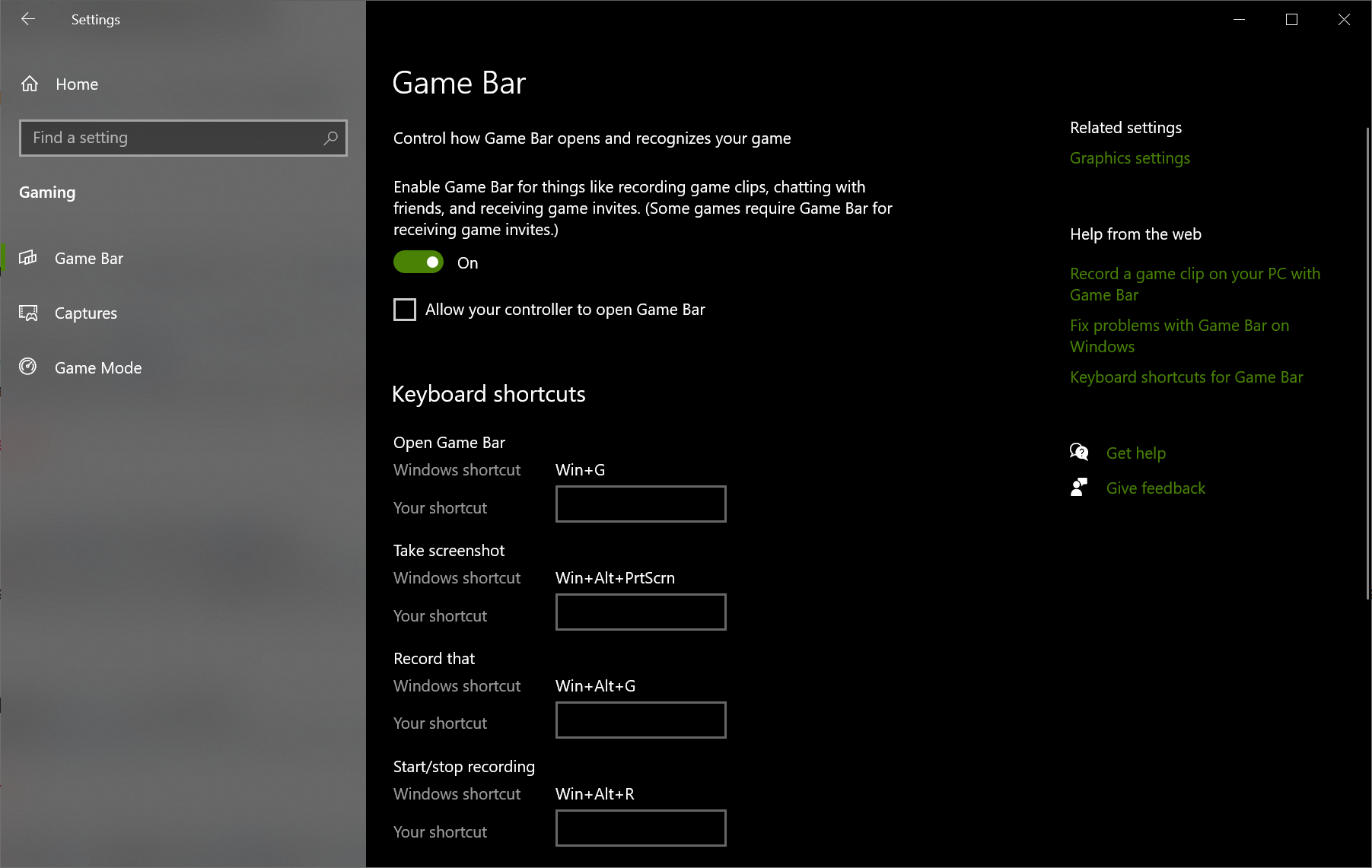 A screenshot showing the setting you need to enable in order to get the Game Bar on Windows 10