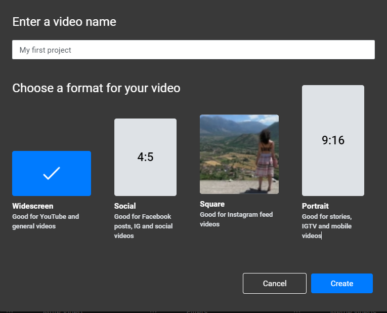 A menu asking people to give their video a name and pick a layout.