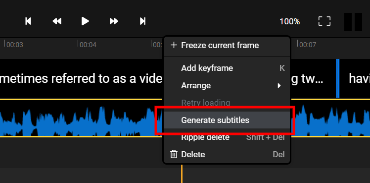 Flixier timeline context menu with the Generate Subtitles option highlighted