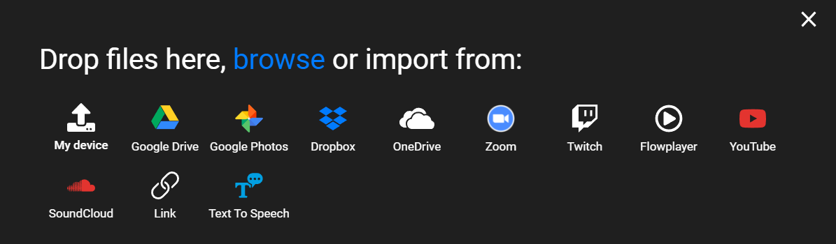 The Flixier import menu showing different sources