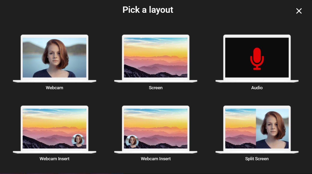 A screen allowing you to choose between recording layouts