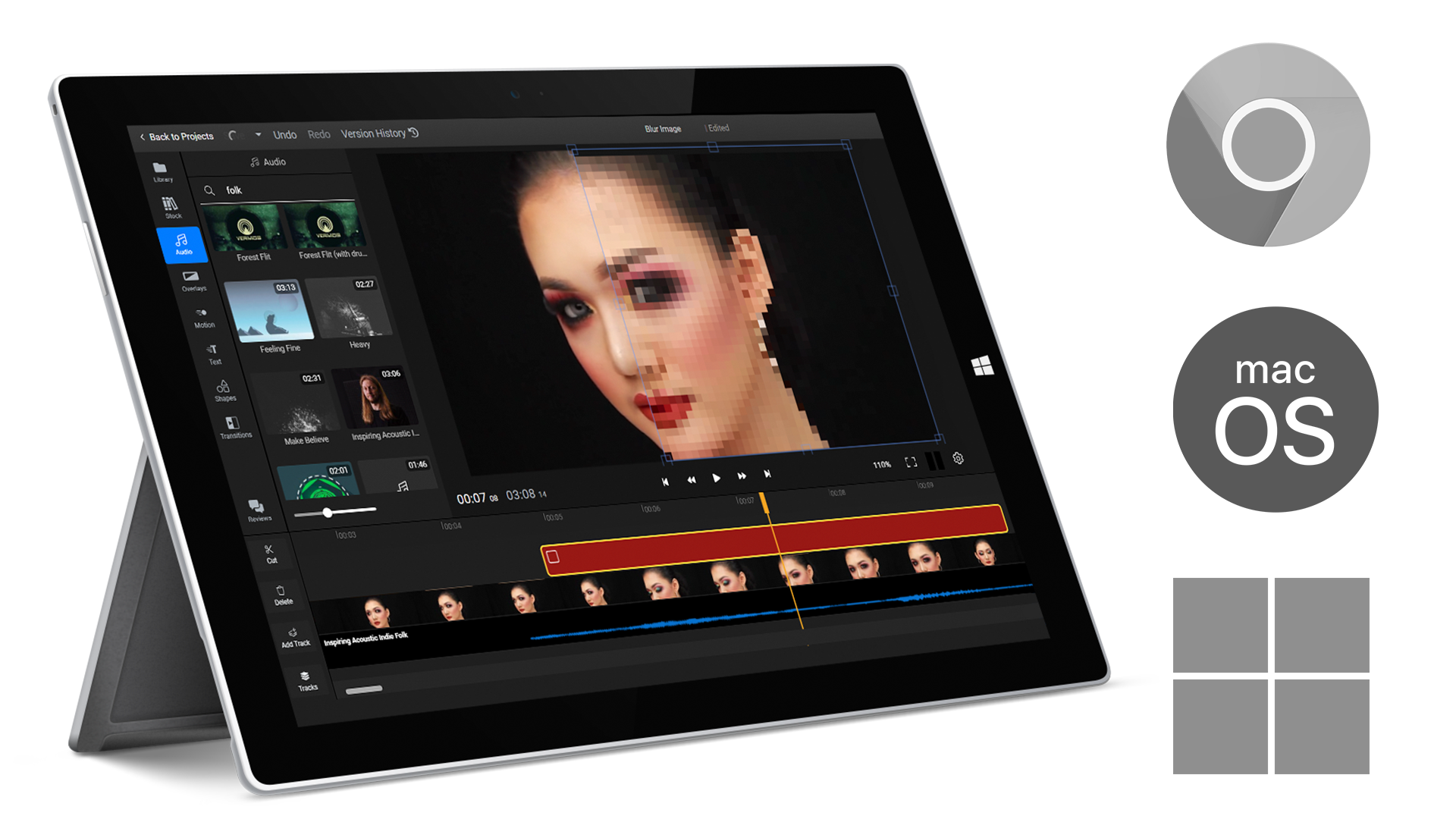 The Flixier cloud video editor running on a Microsoft Surface