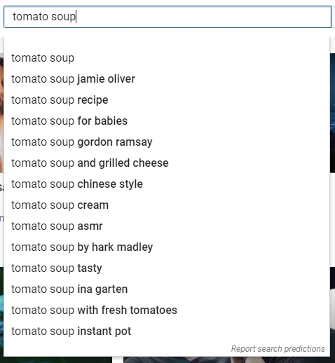 Screenshot of 'tomato soup' autofill suggestions