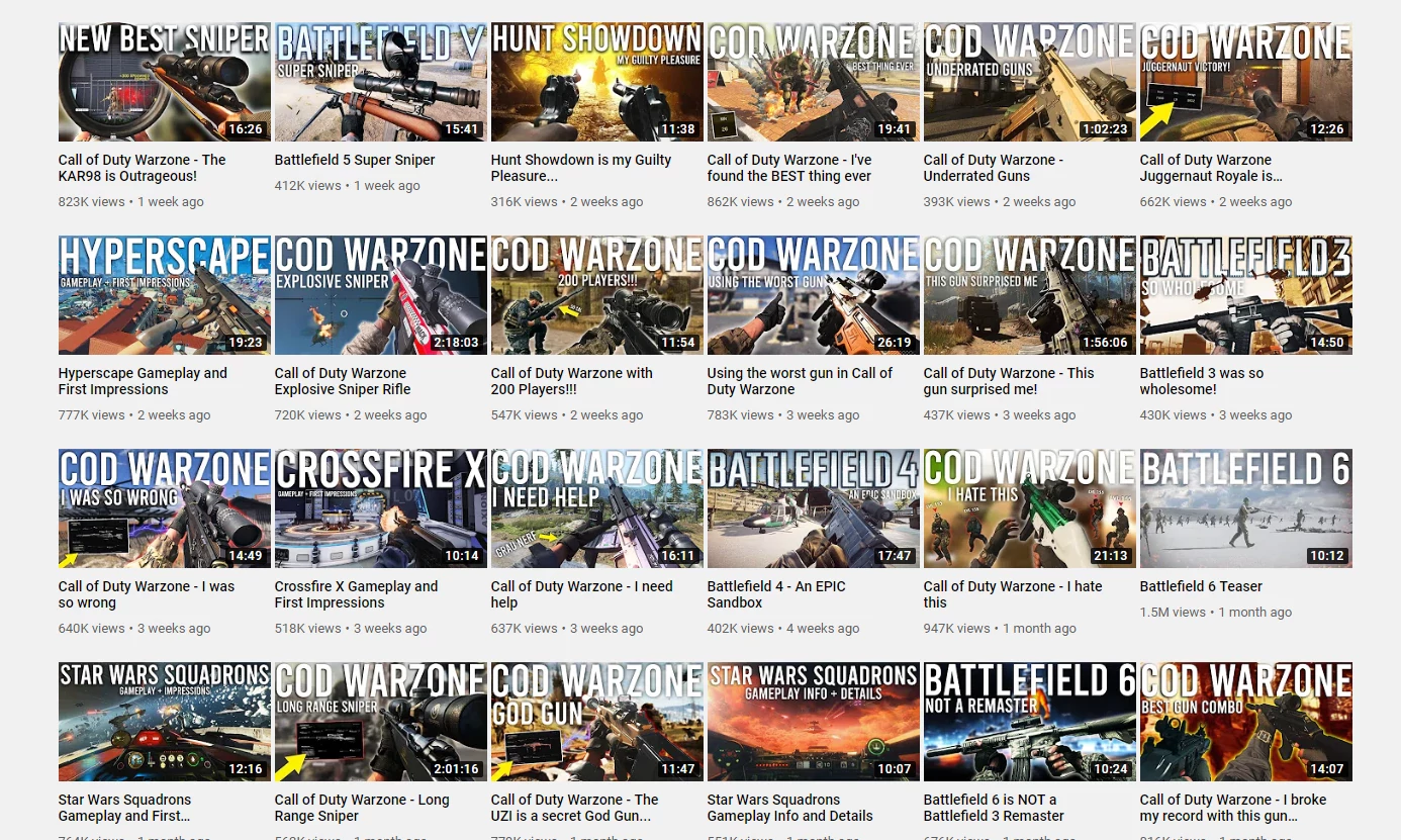 Screenshot of YouTuber Jackfrags' thumbnails