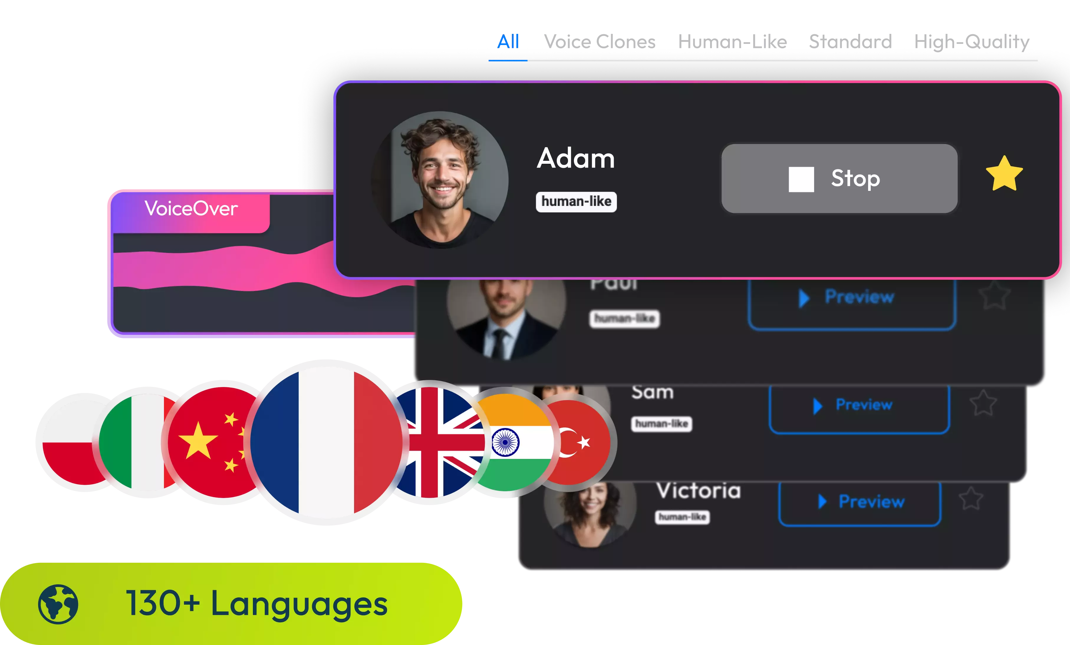 Choose from 130+ Voices in Any Style