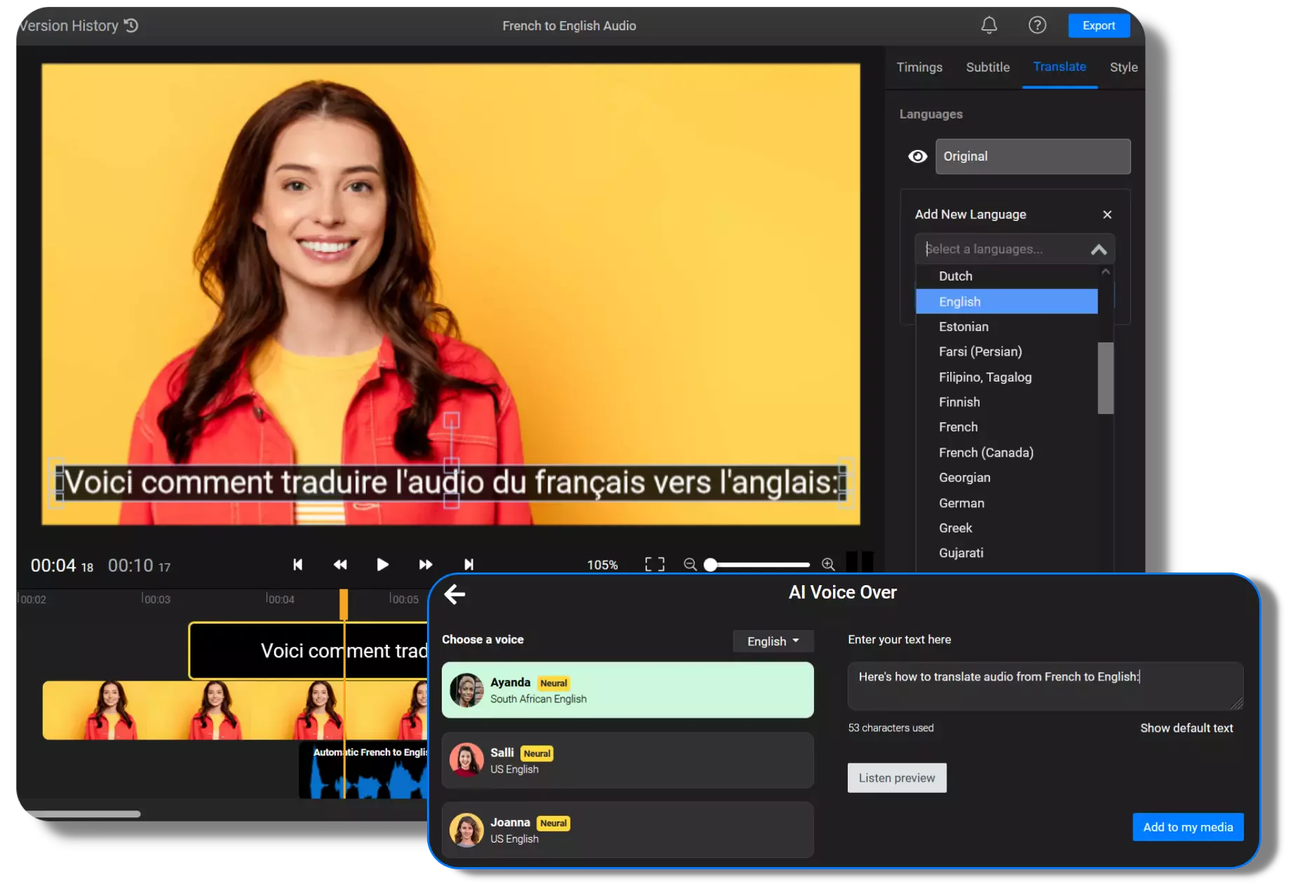 Translate French to English Audio