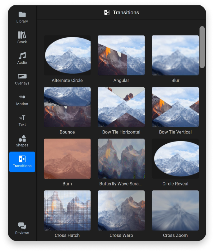 A screenshot of Flixier's transitions library