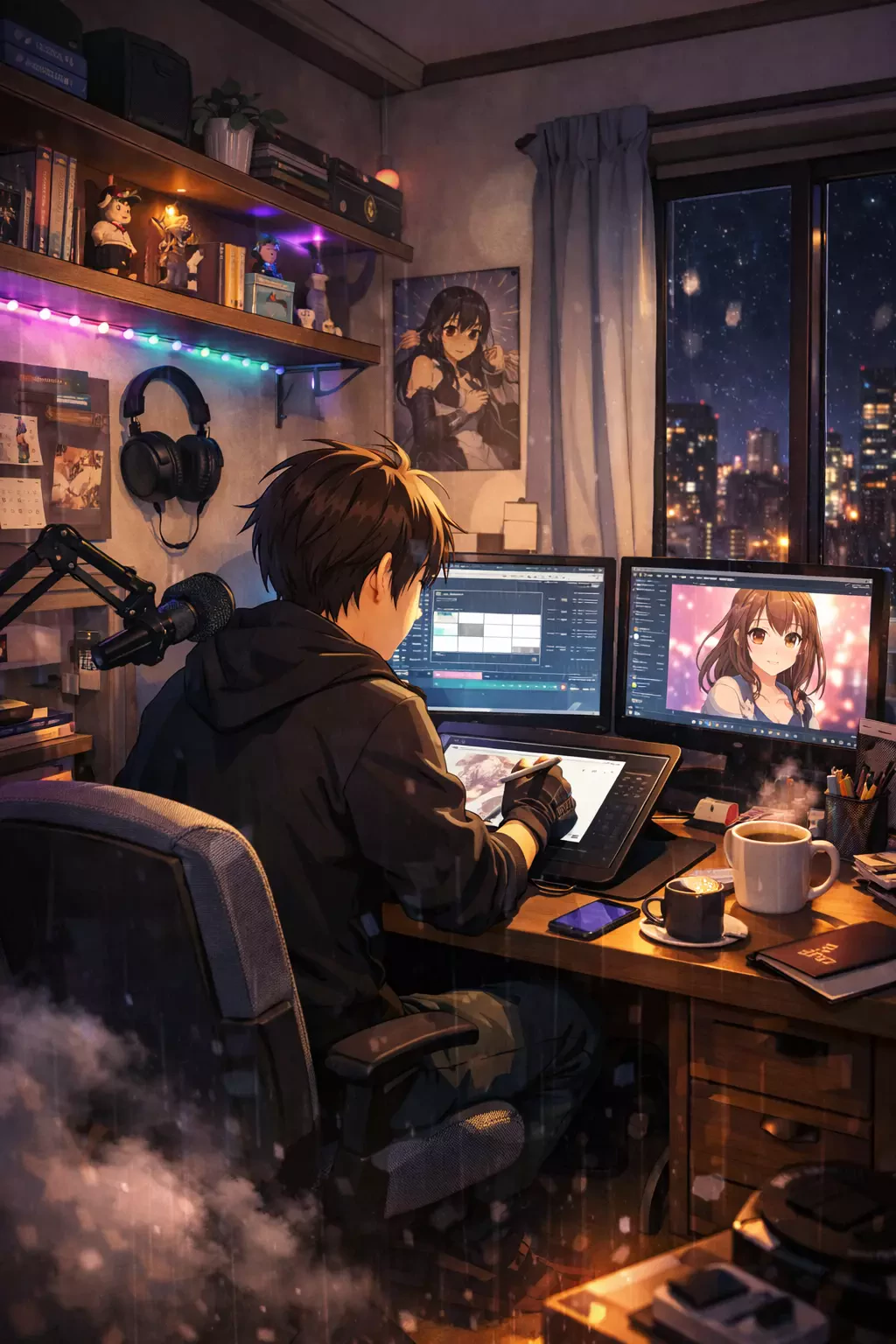 Anime Slice‑of‑life Creator in Bedroom Studio Drawing