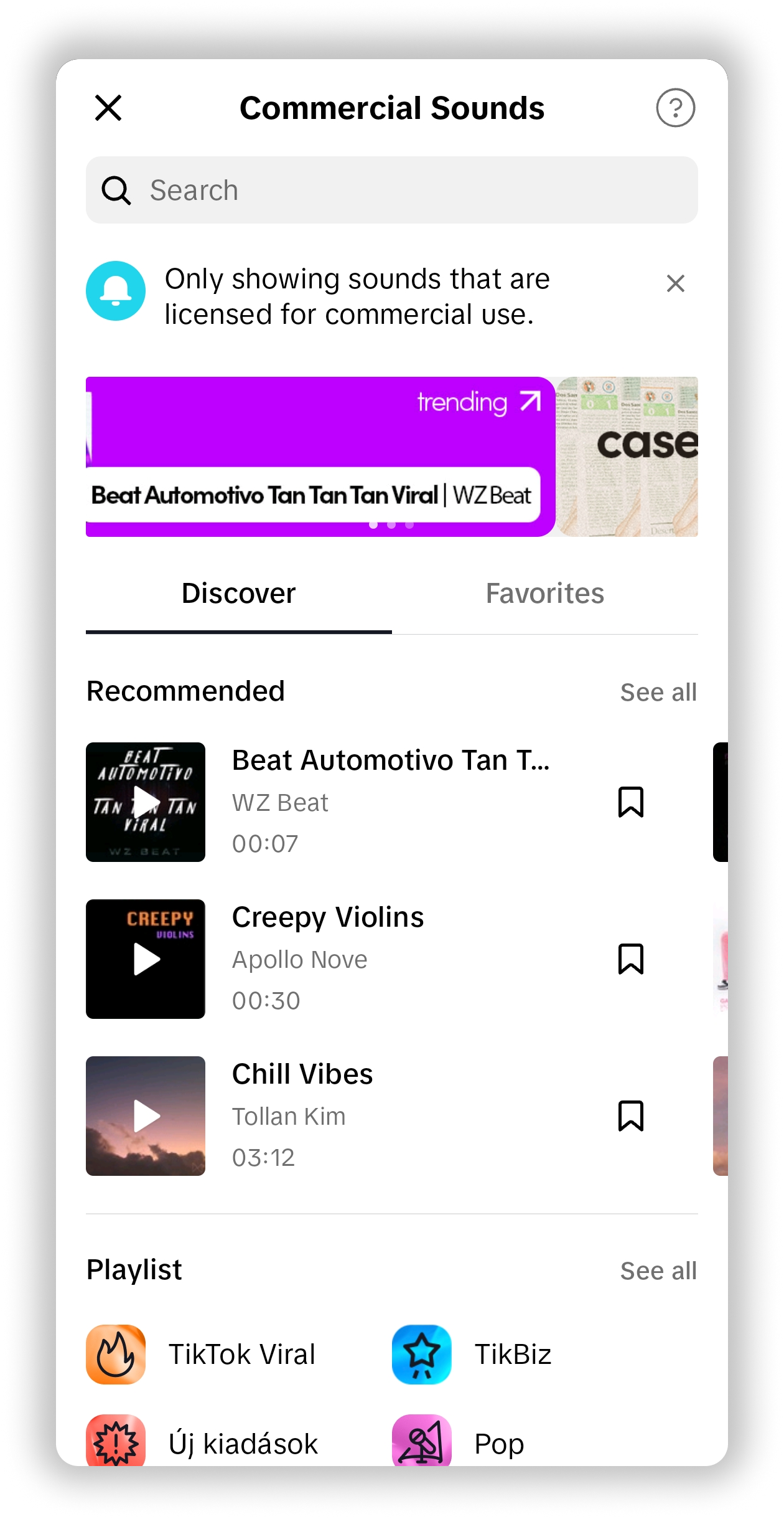 A screenshot of the TikTok Commercial Sounds library.