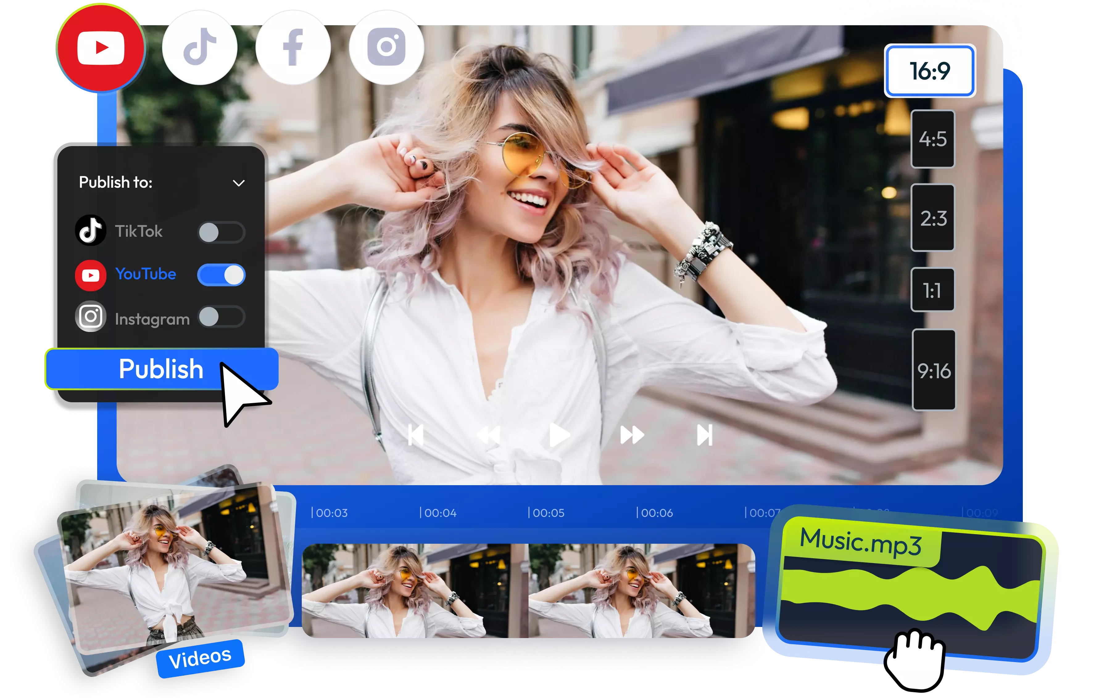 Editor de videos para redes sociales con plantillas profesionales y edición en línea de tiempo